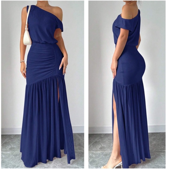Solid One Shoulder Split Thigh Ruched Party Maxi Dress - Picture 2 of 4